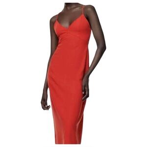 Zara Vermillion Red/Orange Linen Blend Slip Midi Back Buttons Dress
